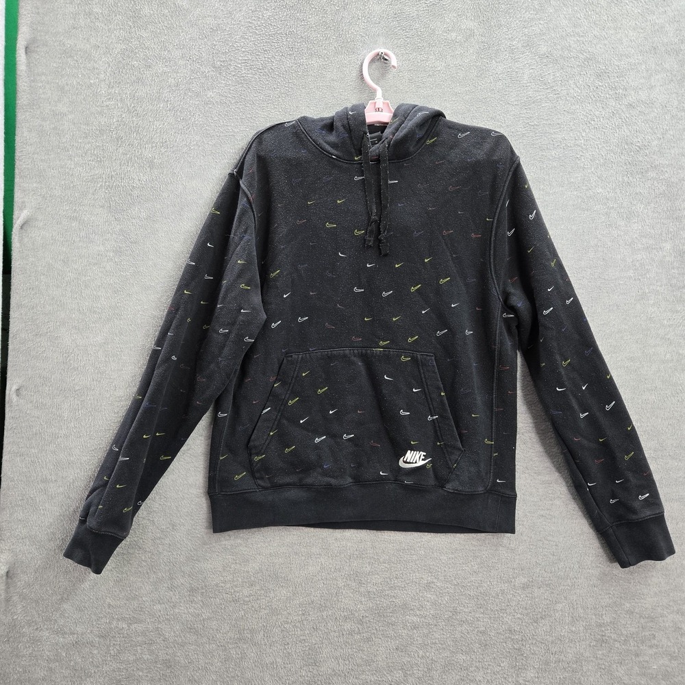 Nike Men Hoodie M Black Logo Embroidery Graphic Allover Print Swoosh Pullover